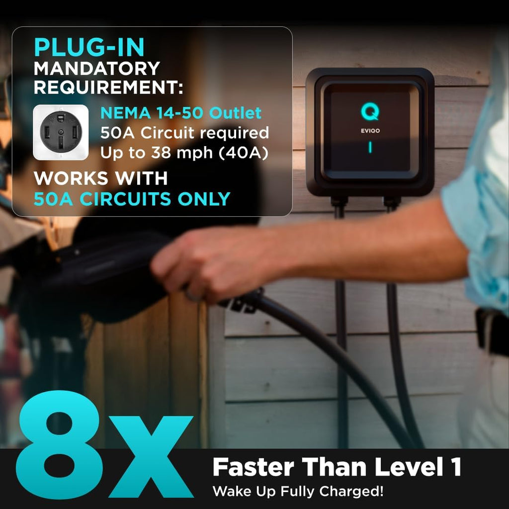 EVIQO Level 2 EV Charger, 40A (9.6kW), 240V, NEMA 14-50 Plug-in, J1772 for Non-Tesla EVs - Home Power Tech