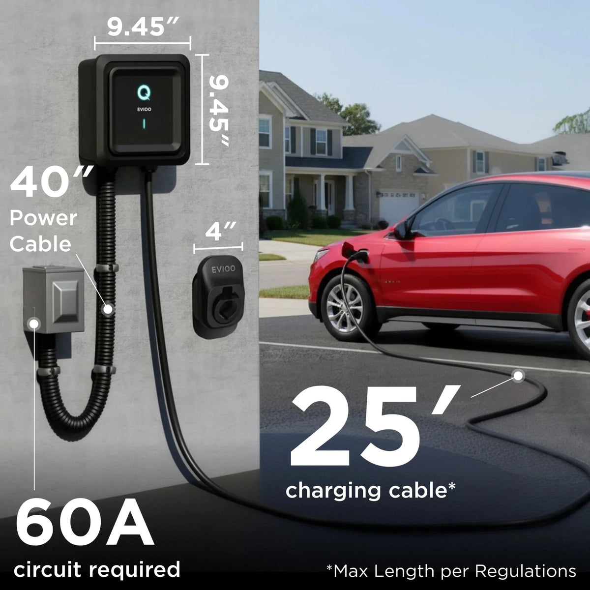EVIQO Level 2 EV Charger, 48A (50A Max), 240V, Hardwired, J1772 for Non-Tesla EVs - Home Power Tech