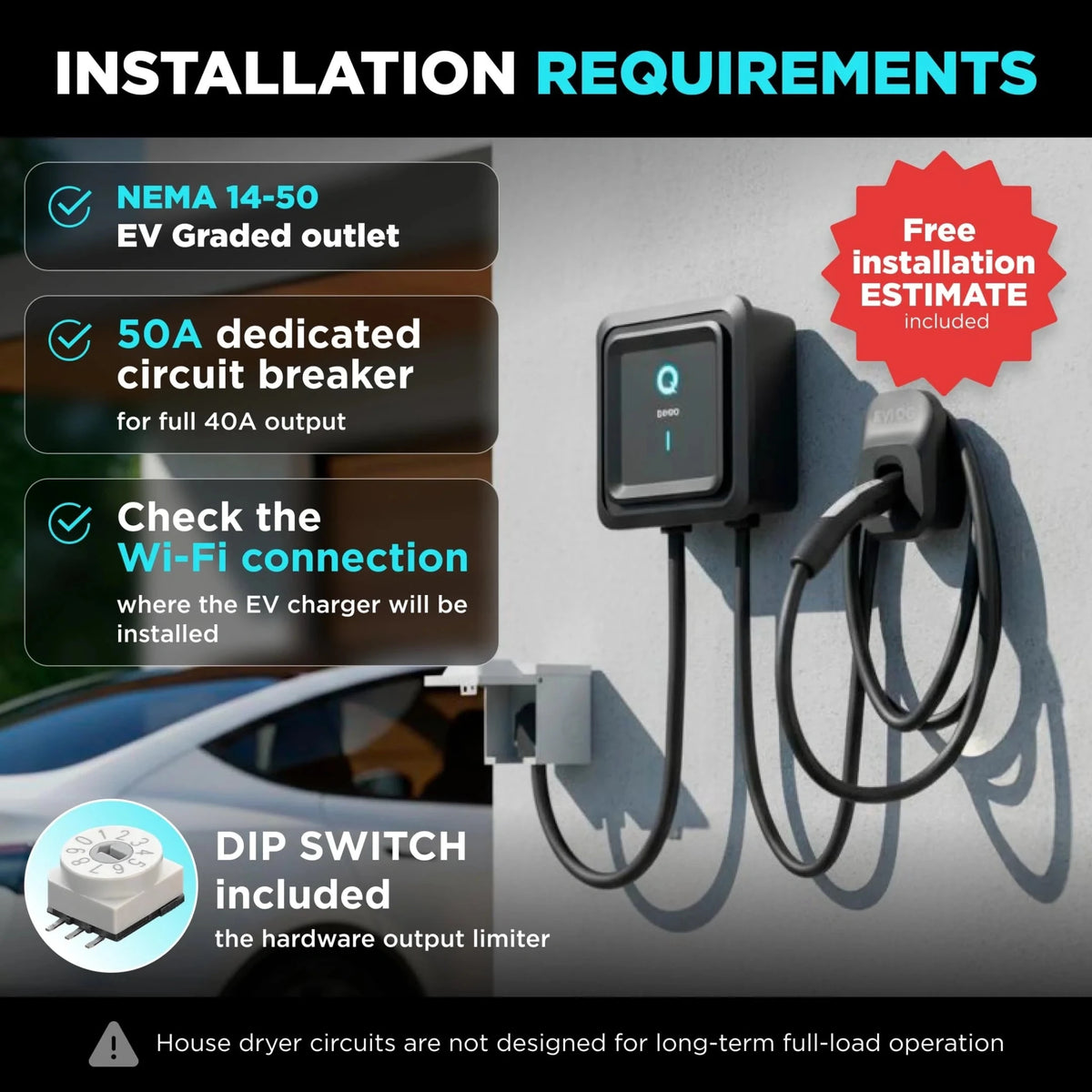 EVIQO NACS Level 2 EV Charger, 40A (9.6kW), 240V, NEMA 14-50 Plug In, for Tesla EVs - Home Power Tech
