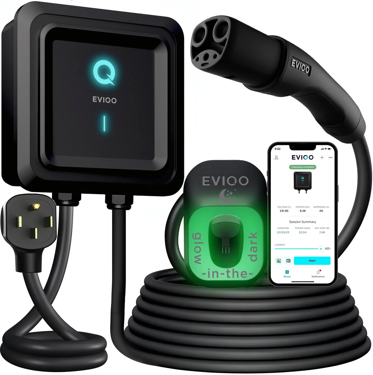 EVIQO NACS Level 2 EV Charger, 40A (9.6kW), 240V, NEMA 14-50 Plug In, for Tesla EVs - Home Power Tech