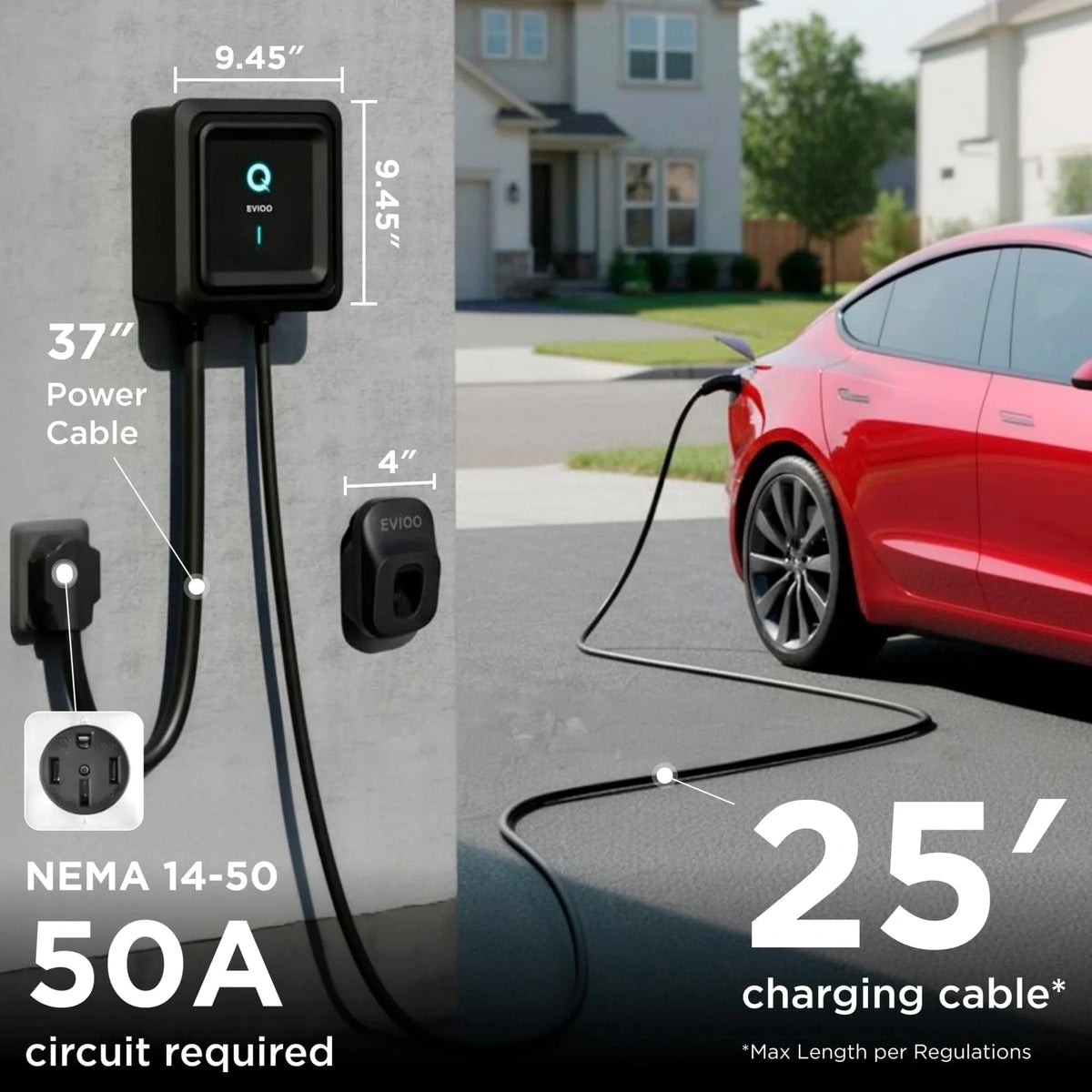 EVIQO NACS Level 2 EV Charger, 40A (9.6kW), 240V, NEMA 14-50 Plug In, for Tesla EVs - Home Power Tech